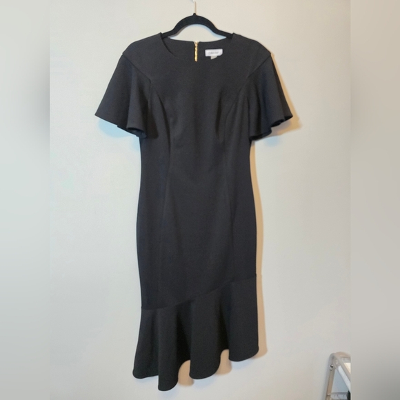 Calvin Klein - Black Asymetrical Midi Dress with Flutter Sleeves - Size 6 - Picture 1 of 6